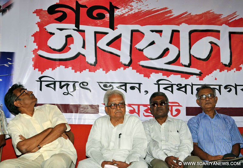 Left Front chairman Biman Bose, CPI(M) West Bengal state secretary Surja Kanta Mishra during a protest rally against West Bengal Government over electricity price hike in Kolkata on Sep 10, 2015