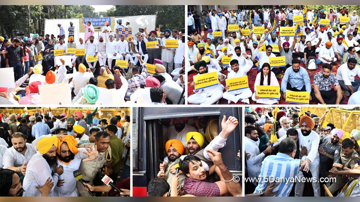 Protest, Agitation, Demonstration, AAP, Aam Aadmi Party, Aam Aadmi Party Punjab, AAP Punjab, Harjot Singh Bains, Harbhajan Singh ETO, Tarun Preet Singh Sondh, Lal Chand Kataruchakk, Laljit Singh Bhullar, Hardeep Singh Mundia